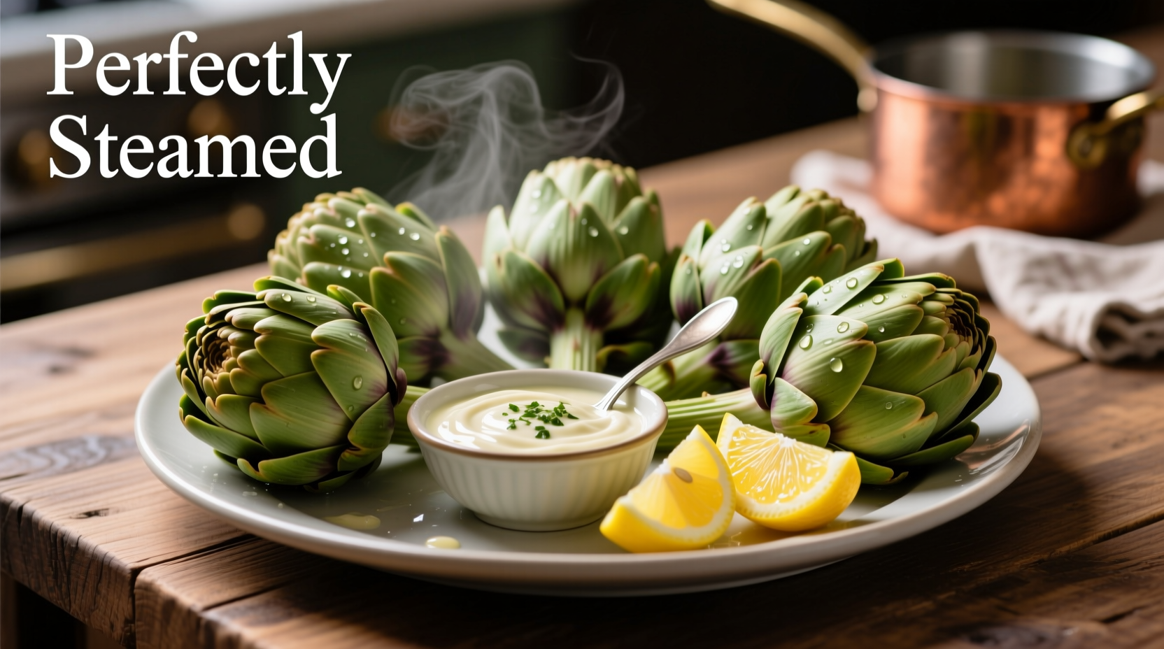 Perfectly steamed artichokes with lemon wedges and dipping sauce