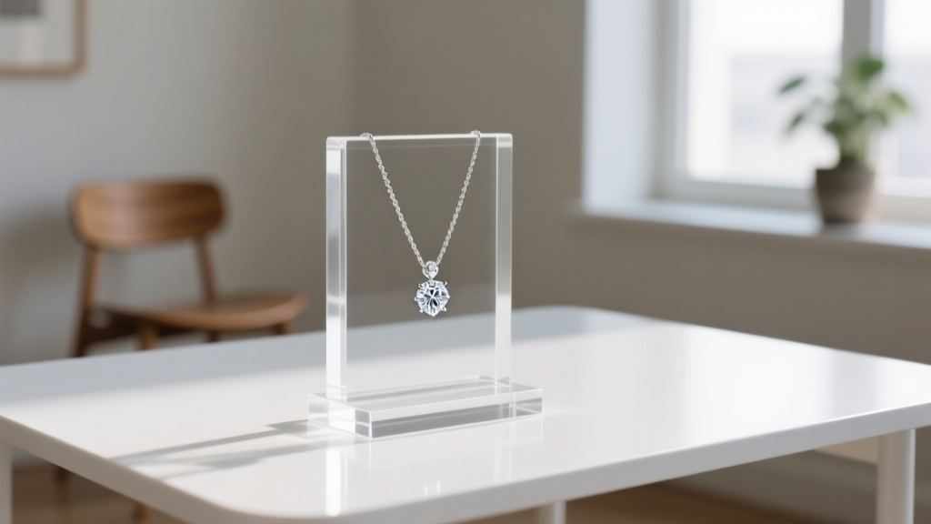 Minimalist clear acrylic necklace holder display on a modern white desk, holding a single delicate diamond pendant necklace.