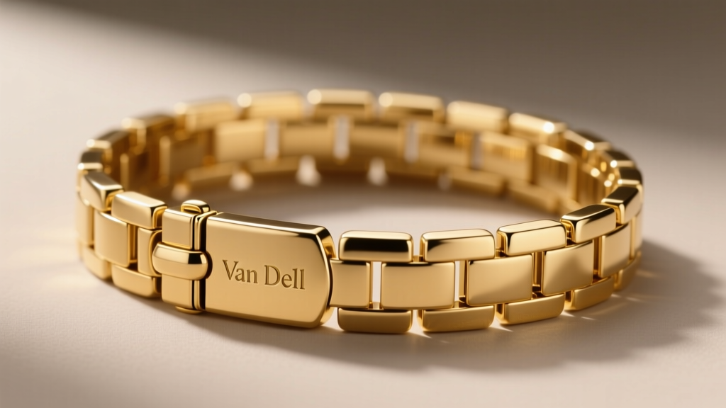 Side profile of a Van Dell gold-filled link bracelet showing the fold-over safety clasp and stamped hallmark on the reverse side