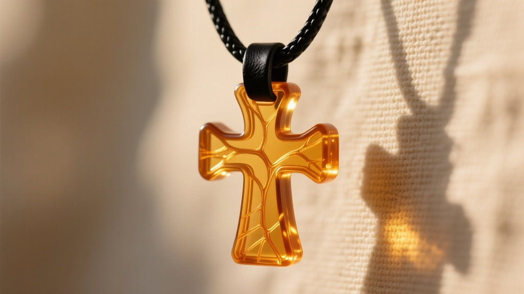 Side view of translucent amber resin 3D printed Athelstan cross pendant hanging from a black leather cord in warm sunlight