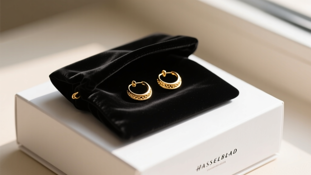 Close-up of blind dropshipping packaging with a matte black velvet pouch and unbranded box holding demi-fine gold hoop earrings.