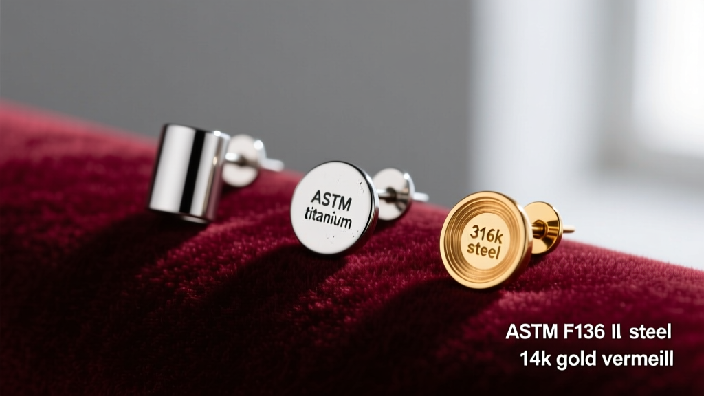 Macro shot of three earring posts on velvet labeled with metal grades: ASTM F136 titanium, 316L steel, and 14k gold vermeil