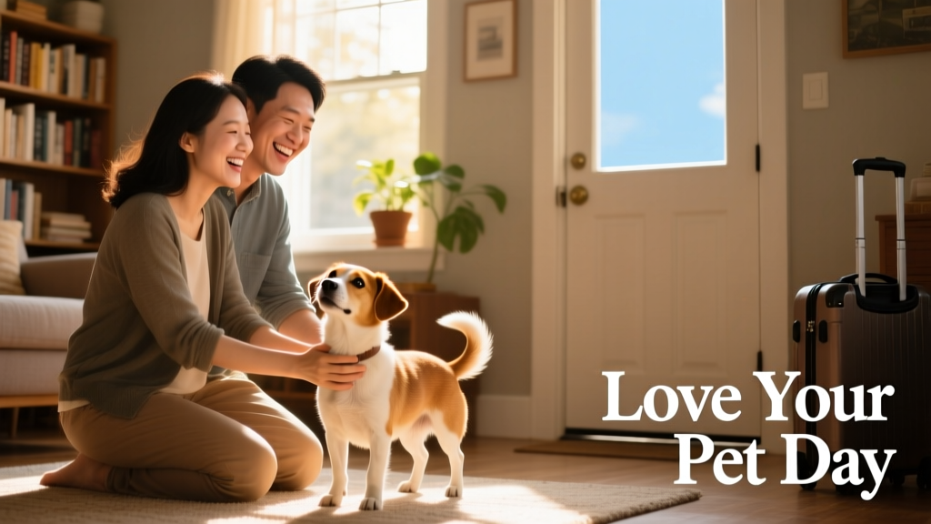 A joyful family moment: a man and woman smiling beside a small dog on adoption day