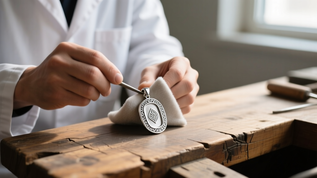 Jeweler using a microfiber polishing cloth to buff a cast 925 sterling silver soda tab pendant on a scratched wooden workbench.