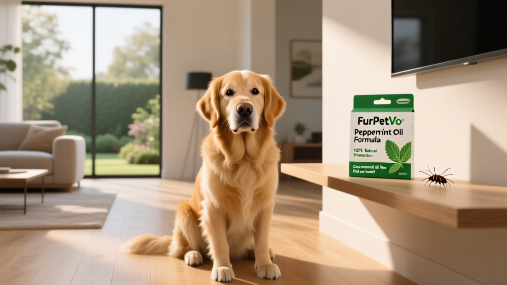Happy golden retriever sitting calmly beside a clean, sunlit living room with a FurPetVo flea prevention kit visible on a nearby shelf