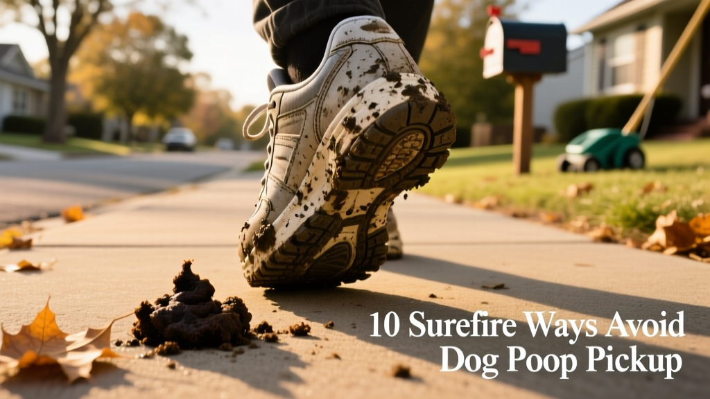 Close-up of a muddy sneaker stepping confidently over a small, partially covered dog poop deposit on a suburban sidewalk