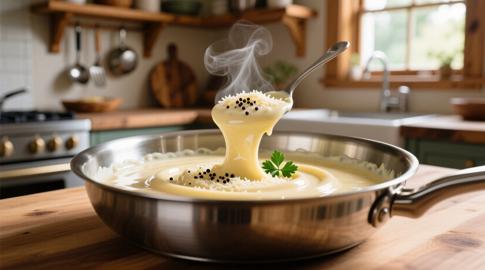 Silky homemade alfredo sauce in stainless steel pan