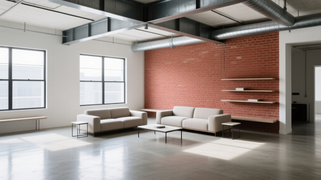 Open-concept industrial living room featuring polished concrete floors, exposed cold-rolled steel I-beams, and wire-cut red brick accent walls