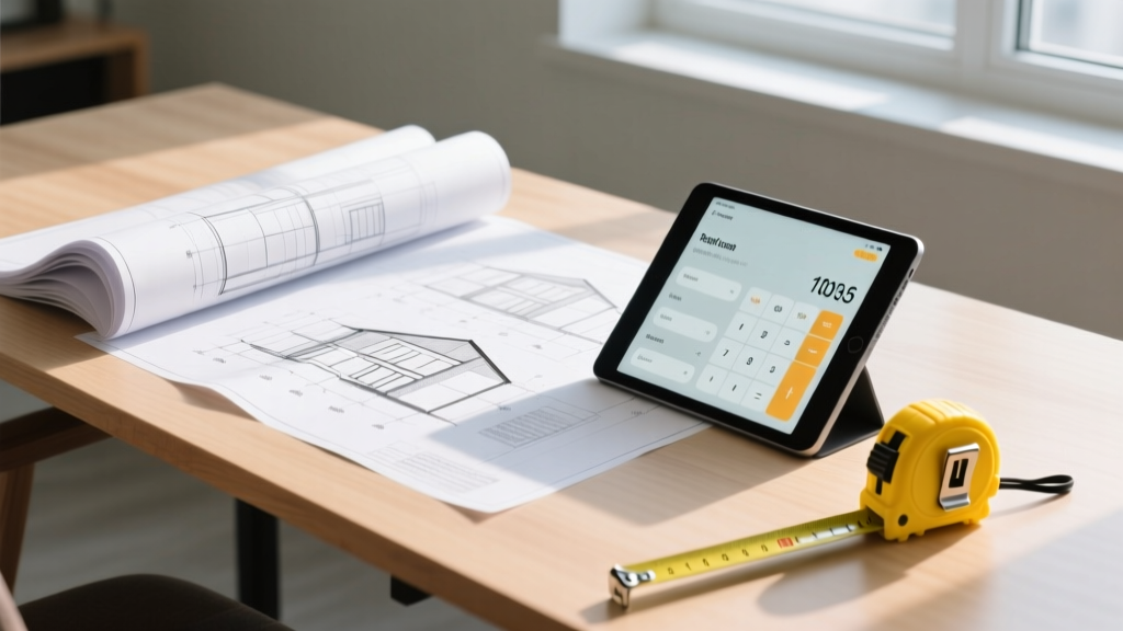 Architectural blueprints spread on a wooden desk next to a digital tablet displaying a construction cost calculator and a yellow measuring tape