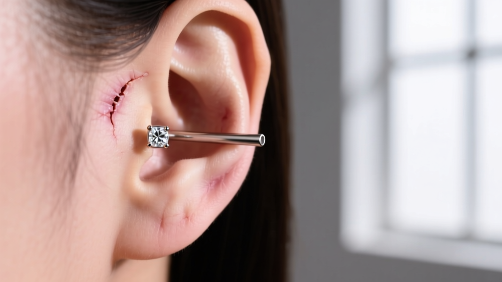 16g titanium flat back earring with a diamond end held near a healed helix piercing, bathed in soft warm directional lighting