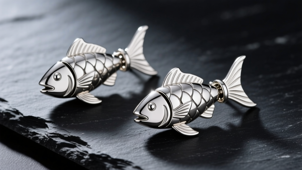 Sterling silver and titanium articulated fish earrings on dark slate, highlighting contrasting finishes and micro-hinges.