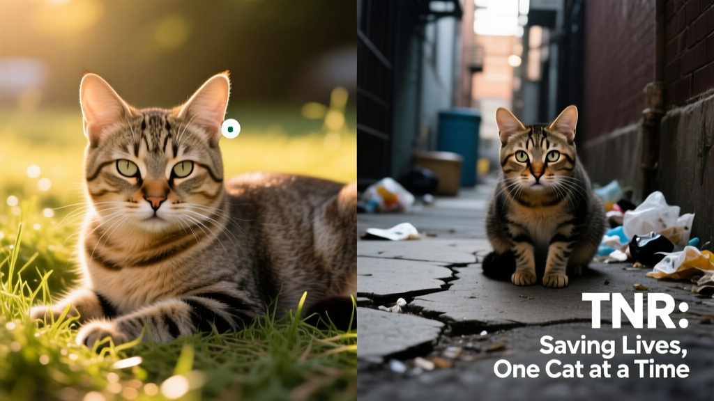 Side-by-side comparison showing a healthy, ear-tipped feral cat resting peacefully outdoors versus a stressed, unaltered cat in a chaotic urban alley