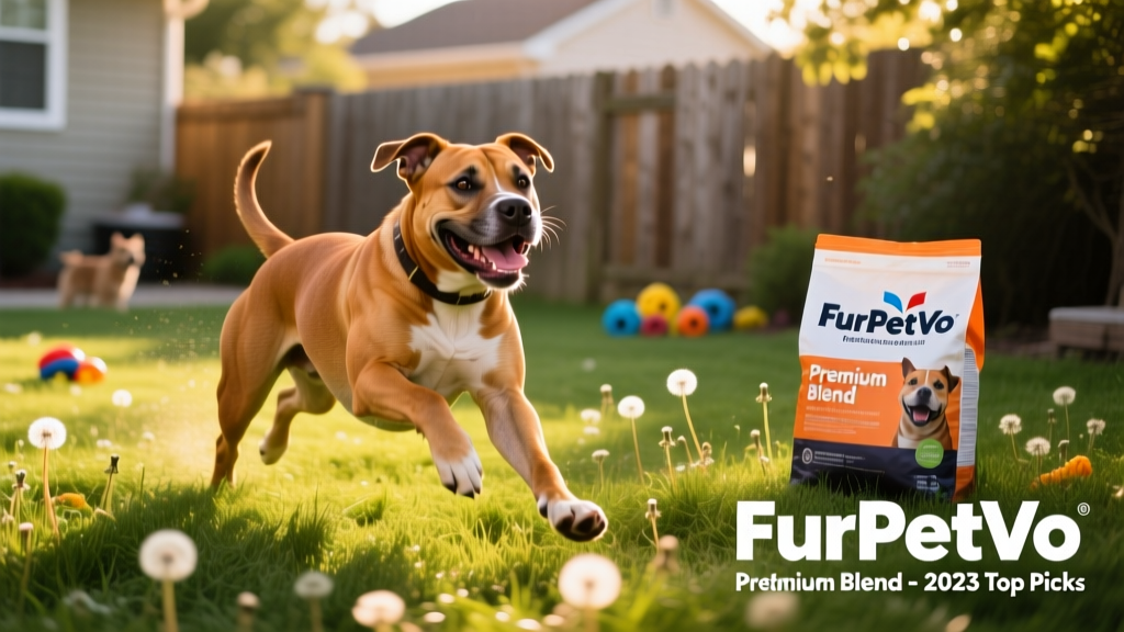 A happy, fit Pitbull-type dog playing outdoors with a FurPetVo bag visible in the background