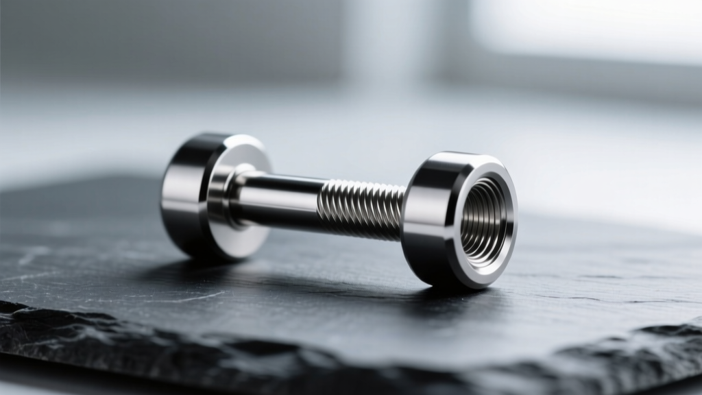 Macro shot of an ASTM F136 titanium belly barbell resting on dark slate, highlighting its mirror polish finish and internal threads