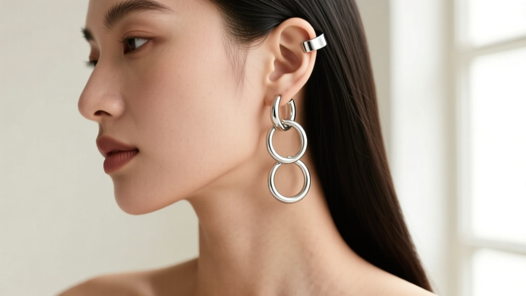 Editorial shot of an asymmetrical ear setup with a silver ear cuff on the left and minimalist titanium hoops on the right.