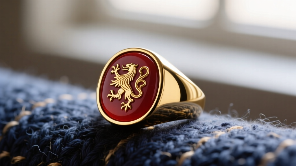 Close-up of a vintage-inspired 14k yellow gold signet ring with a carved bloodstone intaglio, resting on tweed fabric, soft lighting.