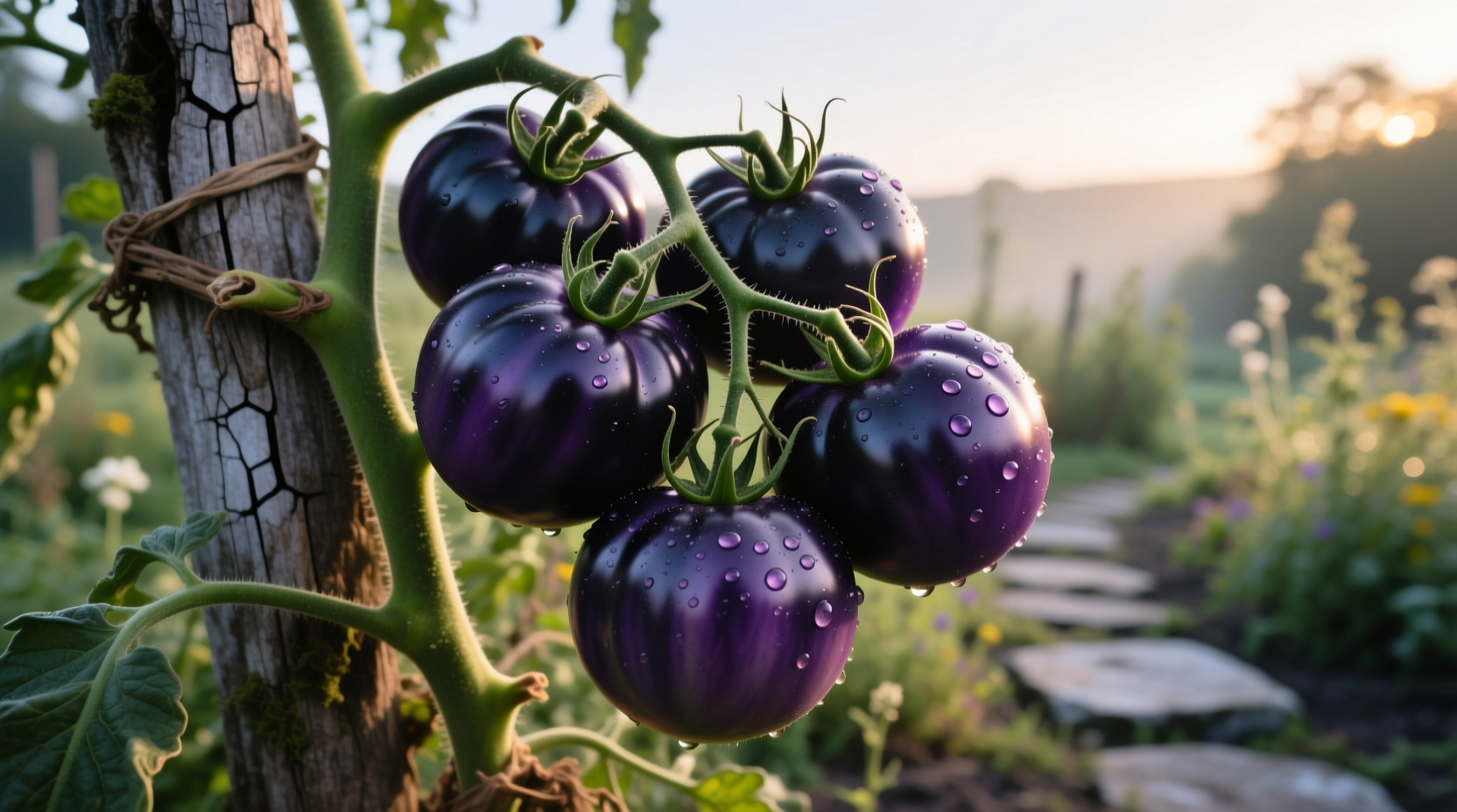 Ripe indigo tomatoes on vine with purple-black skin