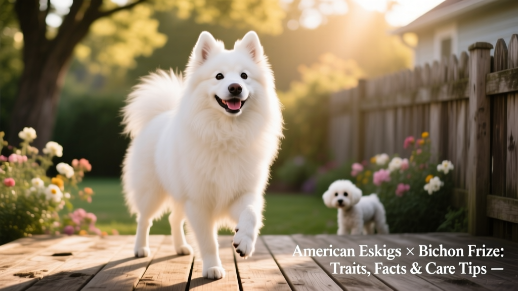 An adult Eskichon standing on a wooden deck, showing off its plush white coat and bright, friendly expression