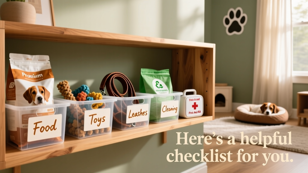 A neatly organized shelf with labeled bins holding puppy supplies: food, toys, leashes, cleaning products, and a first-aid kit