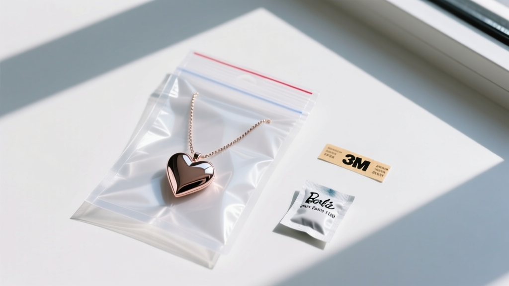 Flat lay of a Barbie heart necklace inside a sealed polyethylene pouch next to a silica gel packet and an anti-tarnish 3M strip.