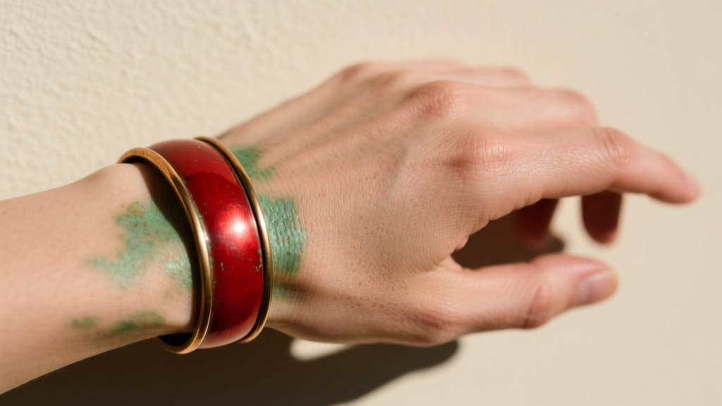 Hand wearing a vintage red brass band showing a slight greenish tint on the skin beneath the metal, shot in soft natural daylight.
