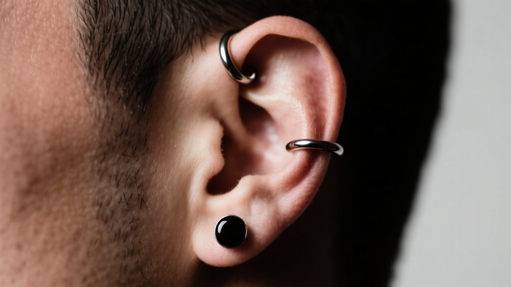 Masculine ear wearing a 16-gauge titanium helix hoop and a matte onyx lobe stud, illuminated by soft, moody studio lighting.