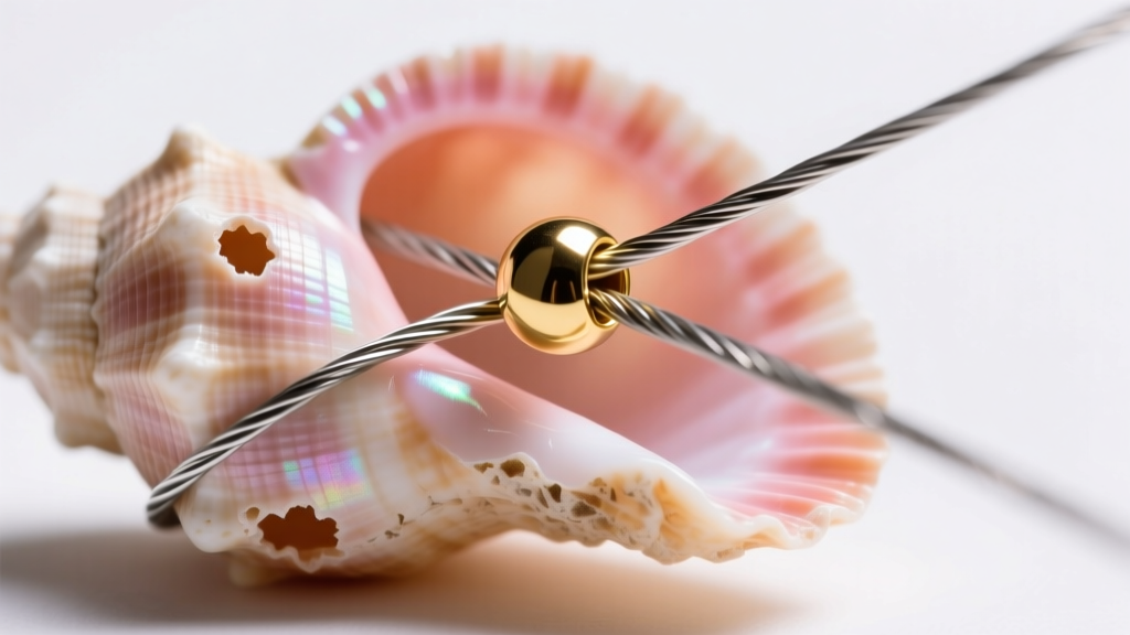 Macro shot of 0.019 inch steel beading wire through a rough-drilled dyed seashell, secured tightly with a gold-filled crimp bead.
