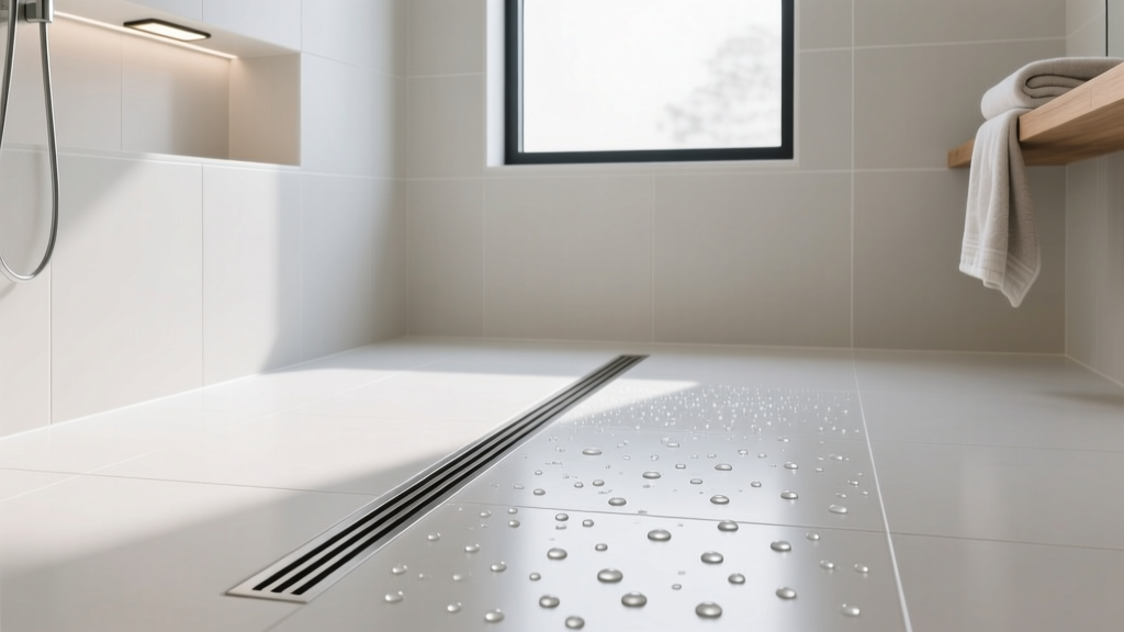 Modern groutless solid surface shower floor in matte white with a linear drain, showing water beading on the seamless finish in a bright bathroom