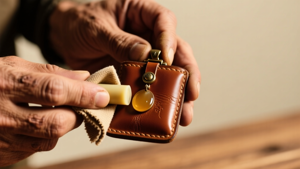 Close-up of hands using a microfiber cloth and leather conditioner to polish a vintage brown leather chapstick holder pendant