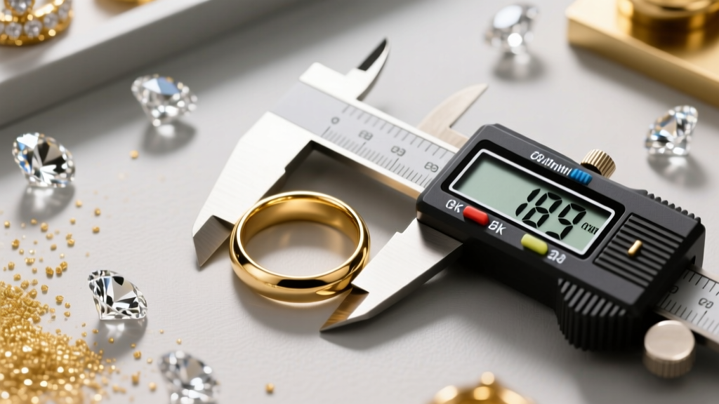 Top-down view of a workbench with loose diamonds, gold grain, and a digital caliper measuring a polished 18k gold ring shank