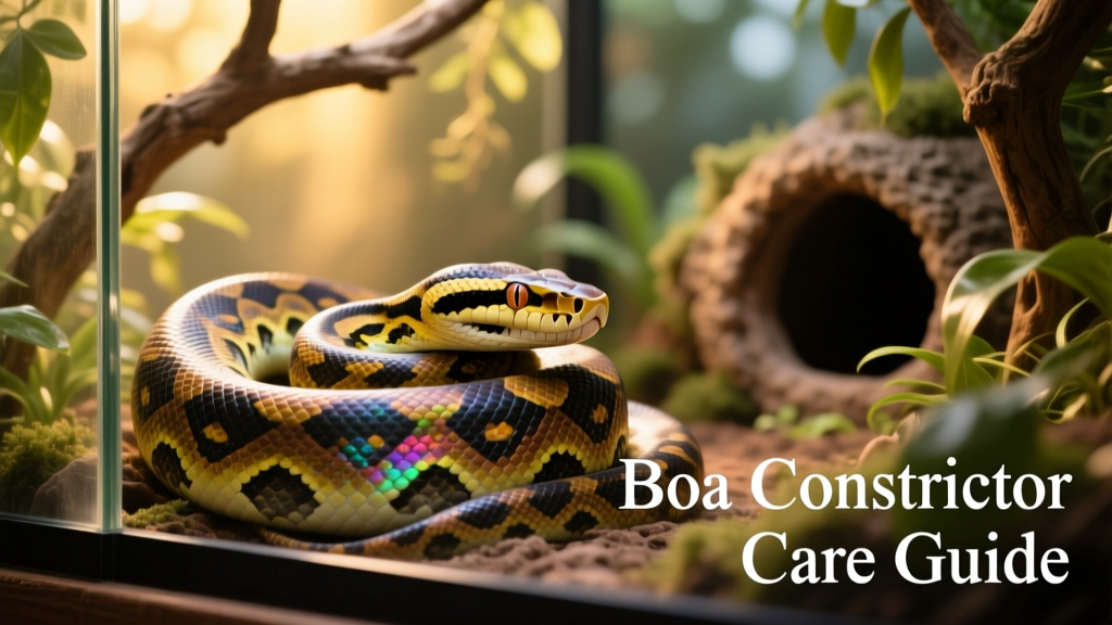 A healthy adult boa constrictor coiled comfortably in a well-furnished terrarium with climbing branches and hideouts
