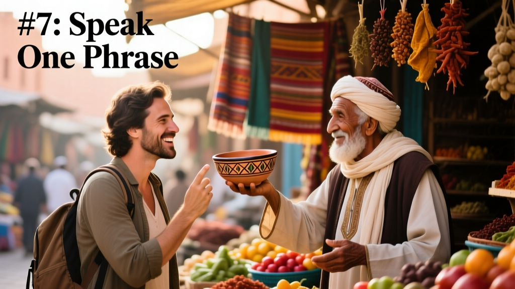 A traveler smiling while practicing a phrase with a friendly local vendor at an outdoor market