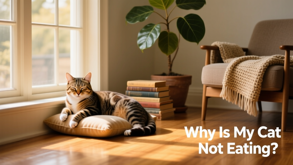 Calm indoor setting with a cat resting near a quiet window, showing low-stress environment