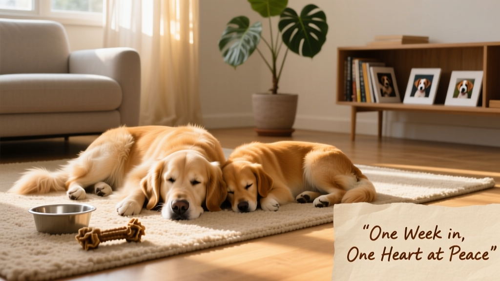 Nugget and her Golden Retriever sister, Potato, napping side by side on a sunlit living room rug