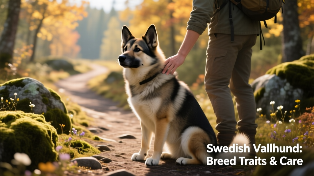 A Swedish Vallhund sitting attentively beside its owner on a hiking trail, demonstrating focus and bond