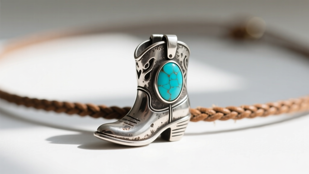 Macro shot of an oxidized silver boot pendant with turquoise inlay resting on a 2mm braided leather cord necklace