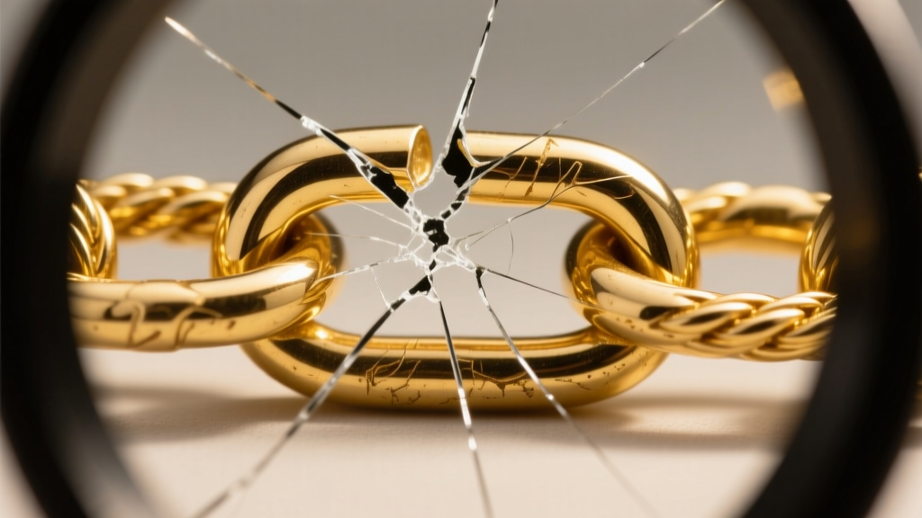 Macro photo of a broken 14k yellow gold rope chain link under a jeweler loupe, revealing the exact stress fracture point clearly.