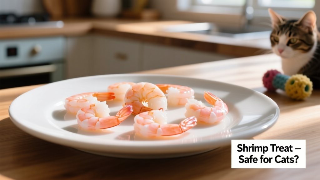 A close-up of peeled, cooked shrimp pieces on a clean plate, ready to be offered as a cat treat