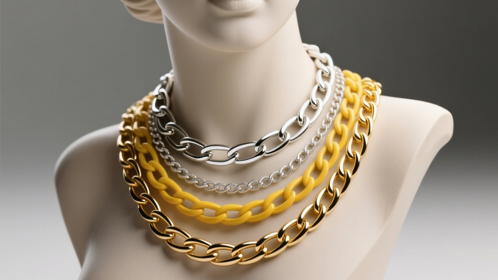 Layered 14k white gold paperclip chain and yellow gold herringbone chain on a bust, illuminated by soft studio lighting