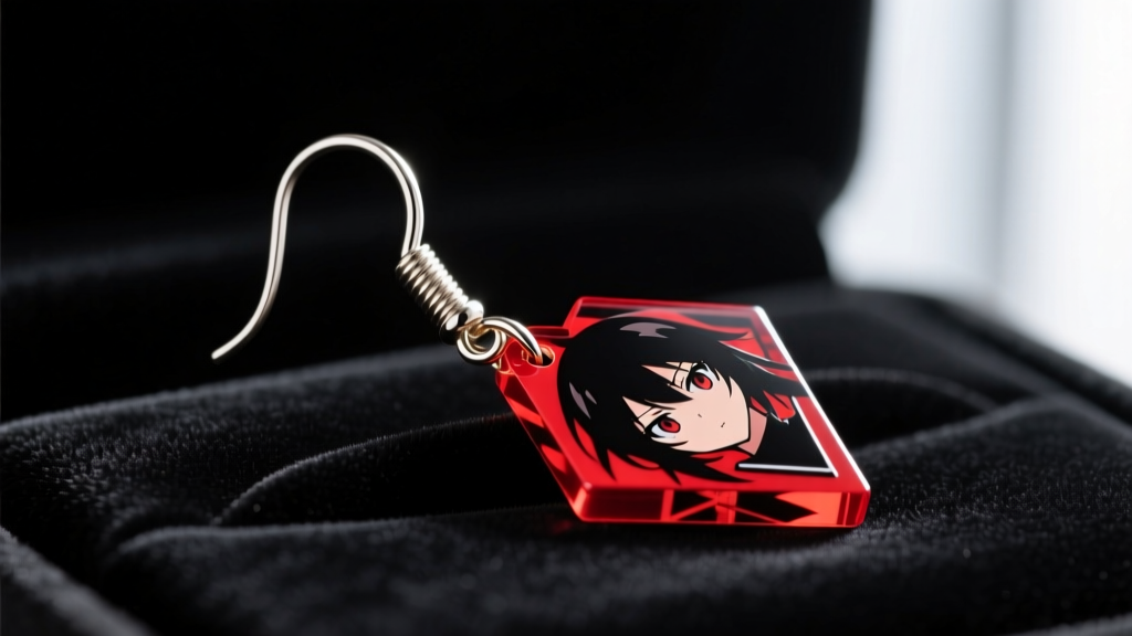 Macro shot of a 20-gauge titanium French wire hook attached to a red and black acrylic anime earring charm resting on dark velvet.