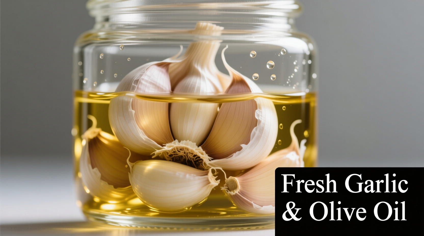 Fresh garlic cloves in glass jar with olive oil
