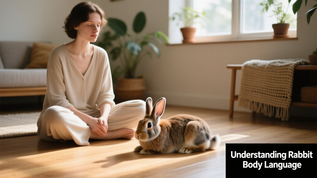 Person sitting calmly on the floor with a relaxed rabbit resting beside them, both in soft natural light