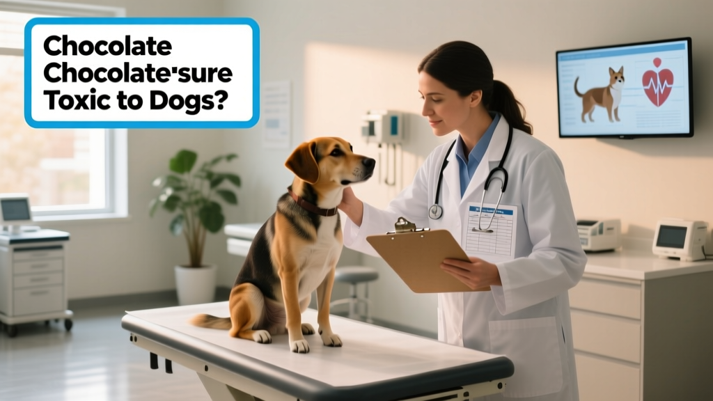 Veterinarian gently examining a calm dog in a clinic exam room while holding a chart labeled 'Chocolate Exposure Protocol'