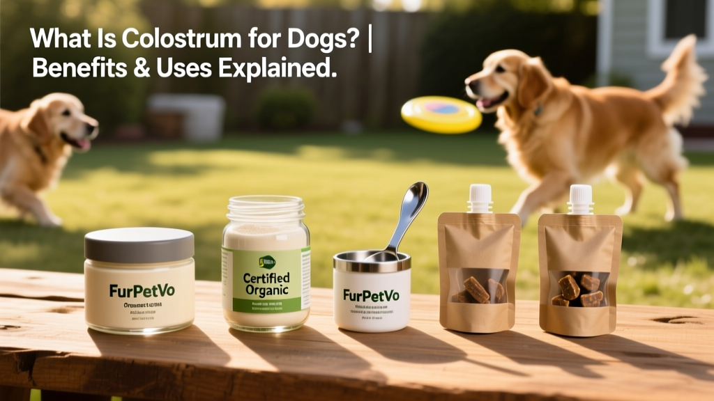 Five different FurPetVo colostrum products arranged on a clean wooden surface: powder jar, organic jar, vet-grade scoop container, and two chew pouches