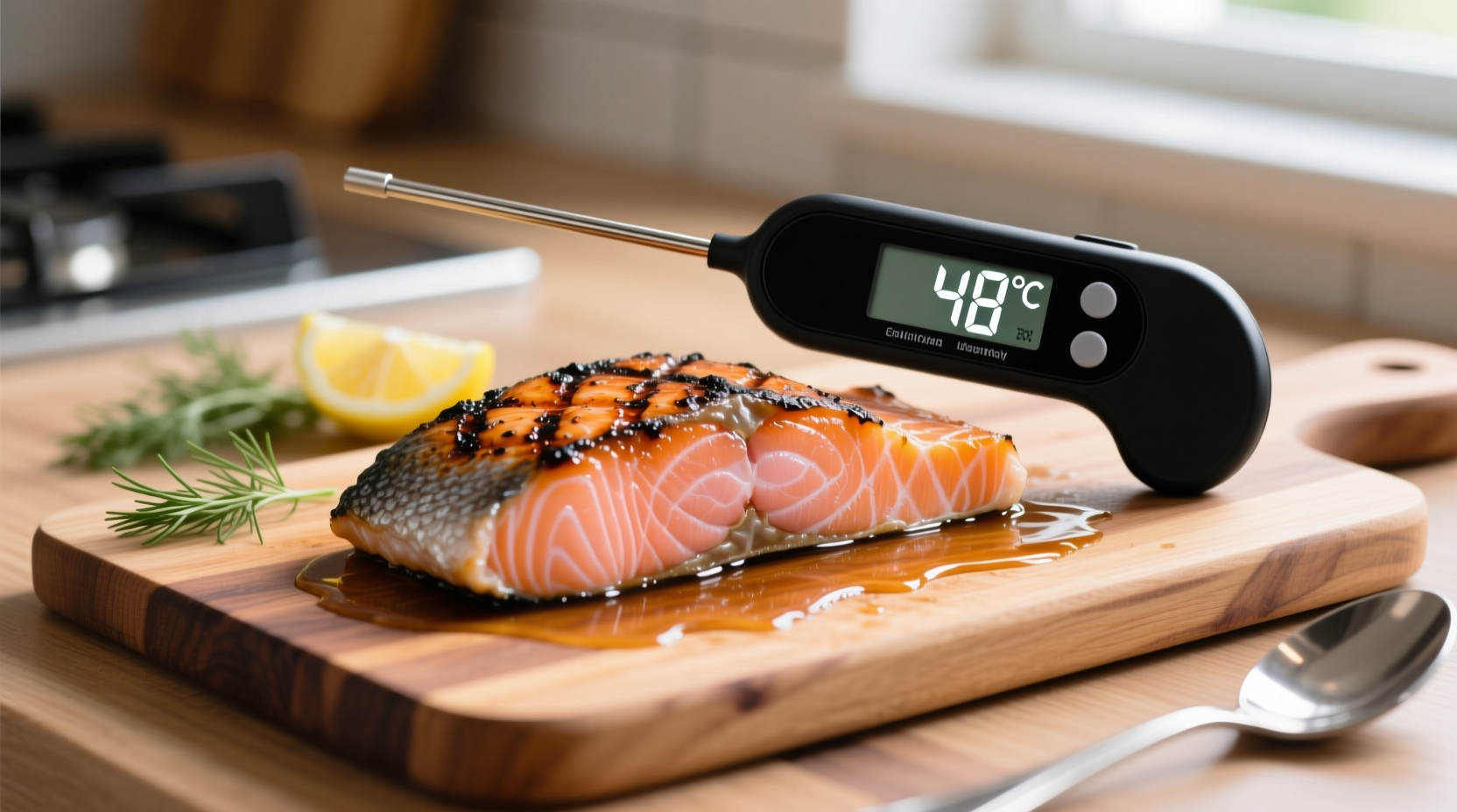 Digital thermometer measuring salmon temperature