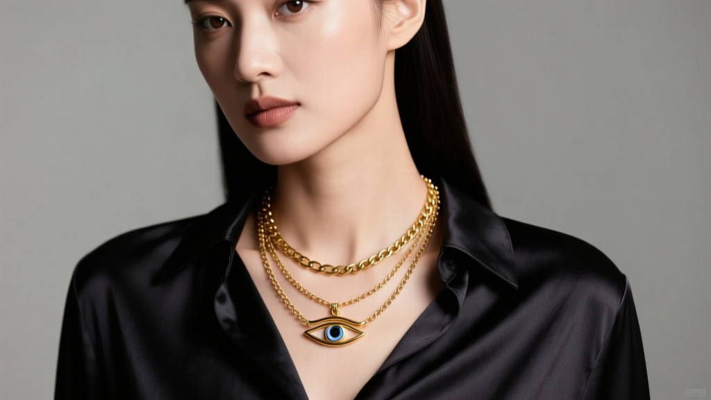 Close-up portrait of a woman wearing a layered 14k gold Eye of Horus necklace over a dark silk blouse in soft studio lighting