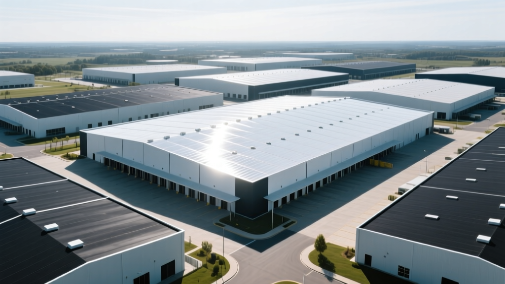 Aerial view of a large commercial warehouse with a reflective white TPO membrane roof contrasting with adjacent dark EPDM roofs in a sunny industrial park