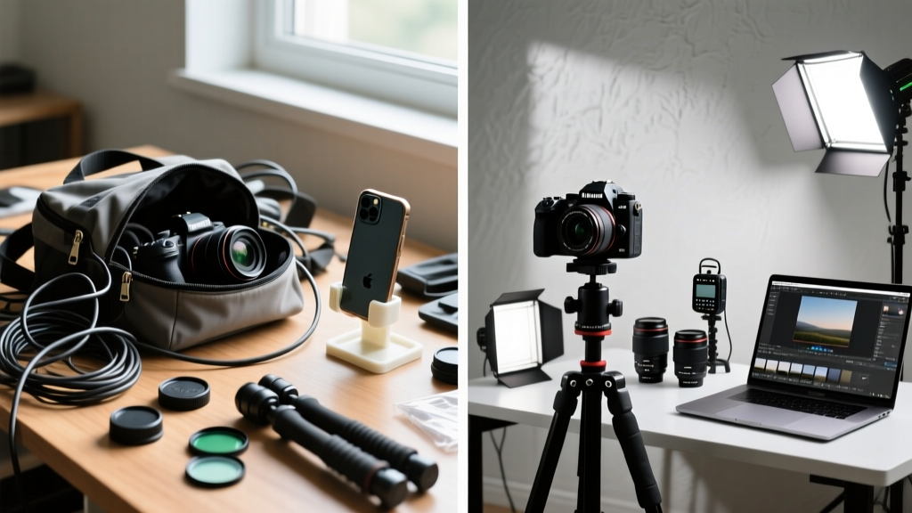 A split-screen workspace showing a messy beginner camera bag with cheap accessories on the left, and a sleek expert setup with precision gadgets on the right