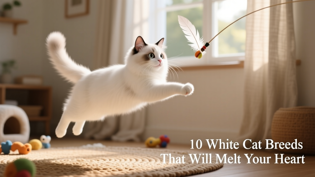 A white Japanese Bobtail cat mid-leap, chasing a feather toy, with alert ears and a visible bobbed tail