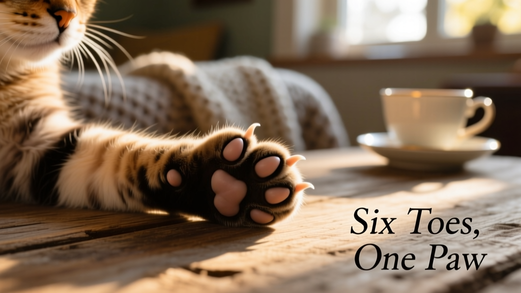 Close-up photo of a polydactyl cat’s front paw showing six toes, including a prominent dewclaw resembling a thumb